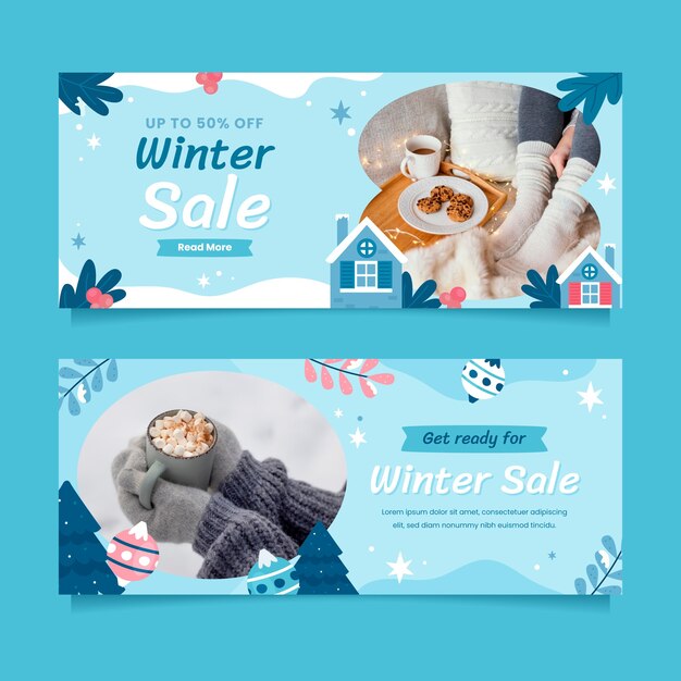 Plantilla de banner de venta horizontal plana para la celebración de la temporada de invierno