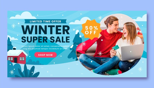 Plantilla de banner de venta horizontal plana para la celebración de la temporada de invierno