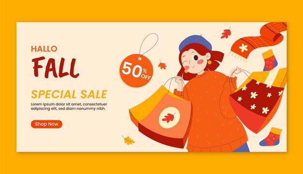 Plantilla de banner de venta horizontal plana para la celebración de la temporada de otoño