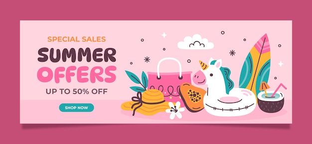 Plantilla de banner de venta horizontal plana para celebración de temporada de verano