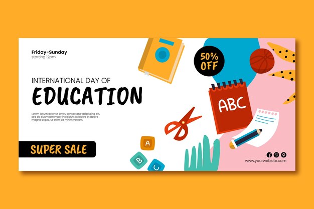 Plantilla de banner de venta horizontal plana para el día internacional de la educación