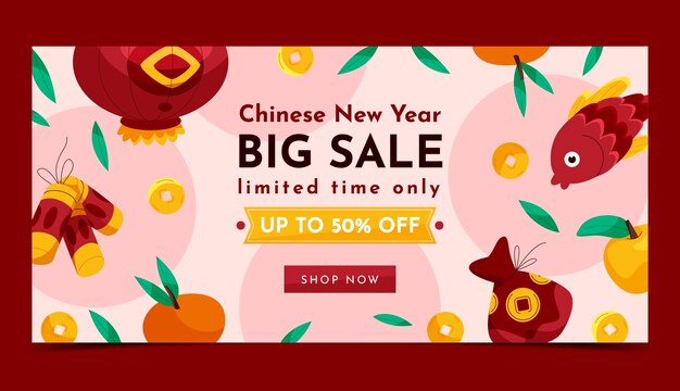 Plantilla de banner de venta horizontal plana para festival de año nuevo chino