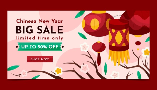 Plantilla de banner de venta horizontal plana para festival de año nuevo chino