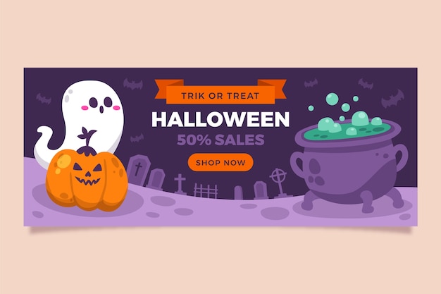 Plantilla de banner de venta horizontal plana de halloween