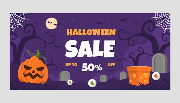 Plantilla de banner de venta horizontal plana de halloween