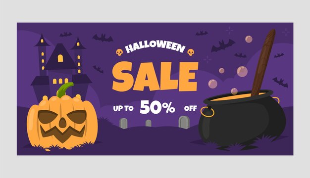 Plantilla de banner de venta horizontal plana de halloween