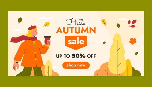 Plantilla de banner de venta horizontal plana para otoño