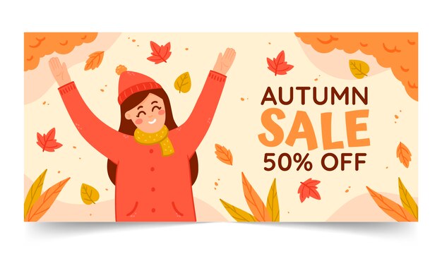 Plantilla de banner de venta horizontal plana para otoño