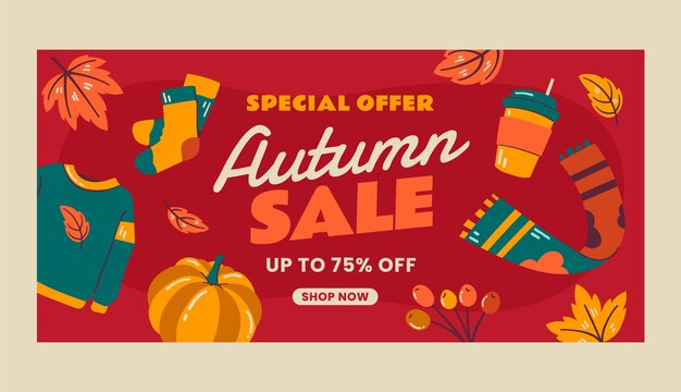 Plantilla de banner de venta horizontal plana para otoño