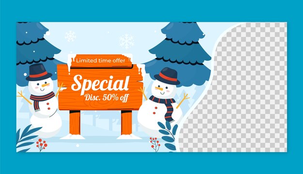 Plantilla de banner de venta horizontal plana para la temporada de invierno con letrero y muñecos de nieve