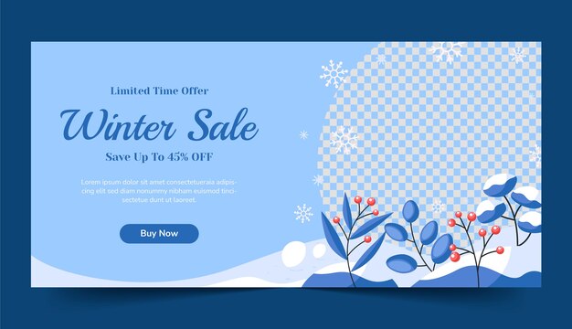 Plantilla de banner de venta horizontal plana para la temporada de invierno con nieve sobre la vegetación