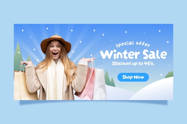 Plantilla de banner de venta horizontal plana para la temporada de invierno