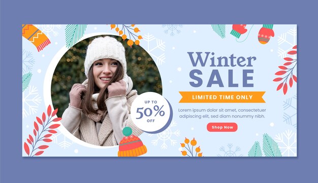 Plantilla de banner de venta horizontal plana para la temporada de invierno