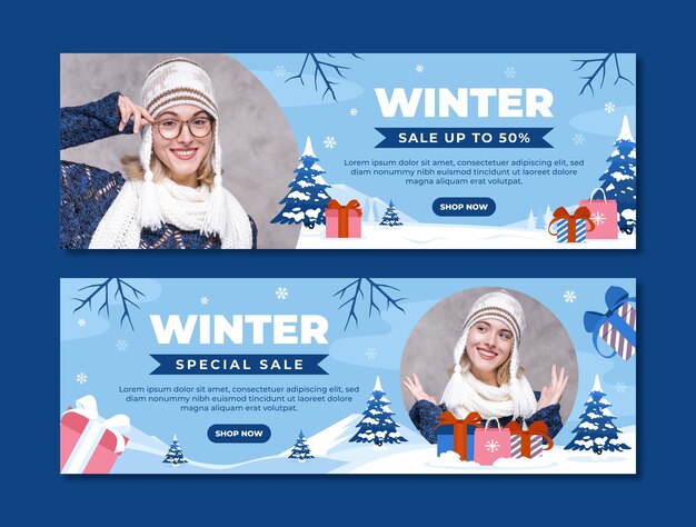 Plantilla de banner de venta horizontal plana para la temporada de invierno