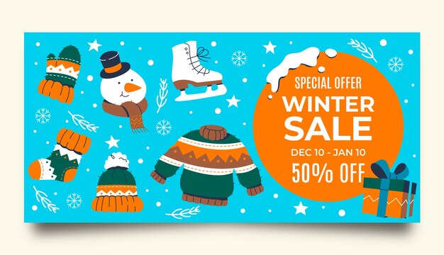 Plantilla de banner de venta horizontal plana para la temporada de invierno