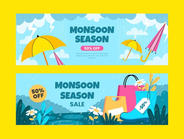 Plantilla de banner de venta horizontal plana para la temporada del monzón