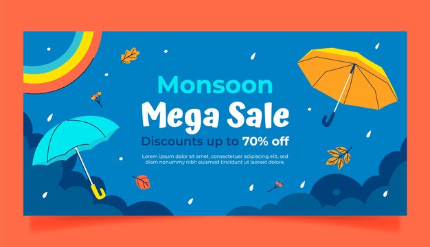 Plantilla de banner de venta horizontal plana para la temporada del monzón