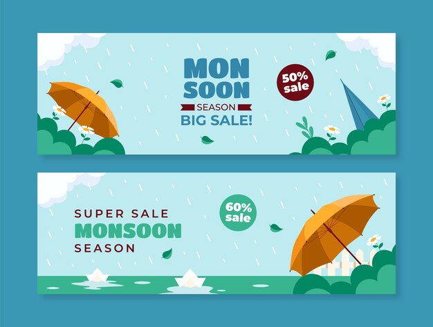 Plantilla de banner de venta horizontal plana para la temporada del monzón
