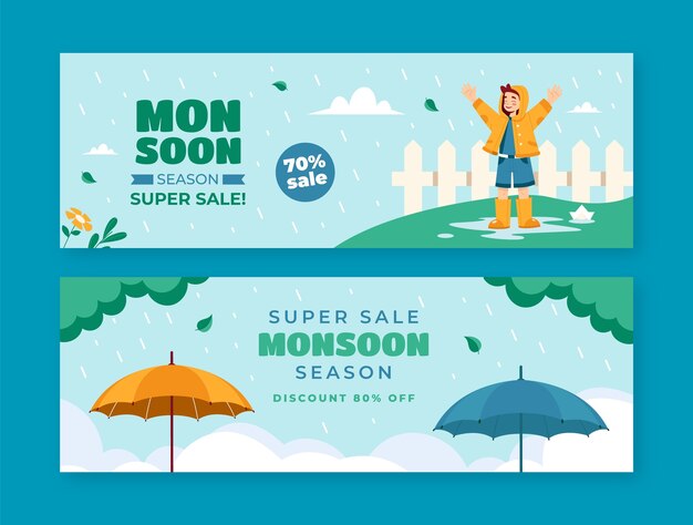 Plantilla de banner de venta horizontal plana para la temporada del monzón