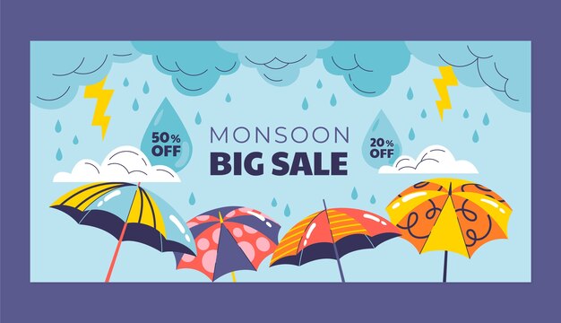 Plantilla de banner de venta horizontal plana para la temporada del monzón