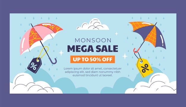 Plantilla de banner de venta horizontal plana para la temporada del monzón