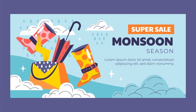 Plantilla de banner de venta horizontal plana para la temporada del monzón