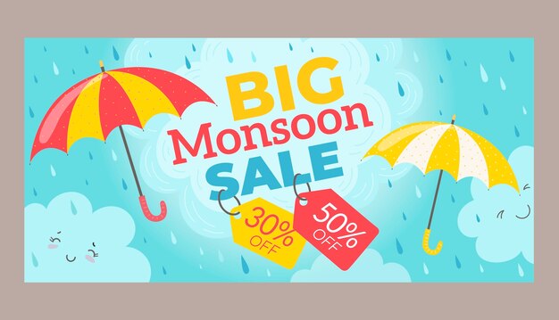 Plantilla de banner de venta horizontal plana para la temporada del monzón