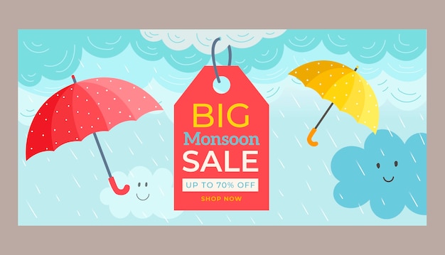 Plantilla de banner de venta horizontal plana para la temporada del monzón