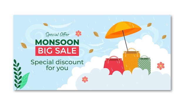 Plantilla de banner de venta horizontal plana para la temporada del monzón