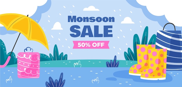 Plantilla de banner de venta horizontal plana para la temporada del monzón