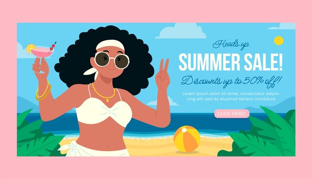 Plantilla de banner de venta horizontal plana para la temporada de verano