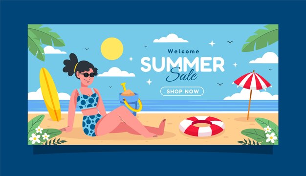Plantilla de banner de venta horizontal plana para la temporada de verano