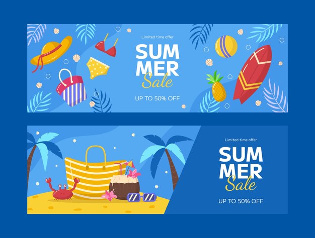 Plantilla de banner de venta horizontal plana para la temporada de verano
