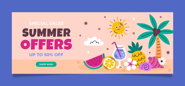 Plantilla de banner de venta horizontal plana para la temporada de verano