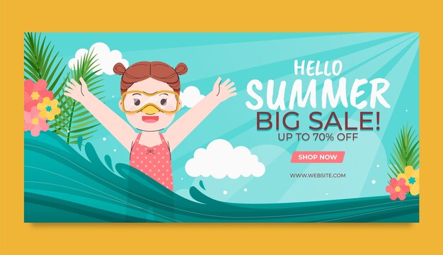 Plantilla de banner de venta horizontal plana para la temporada de verano