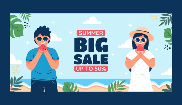 Plantilla de banner de venta horizontal plana para verano