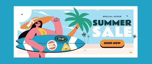 Plantilla de banner de venta horizontal plana para verano