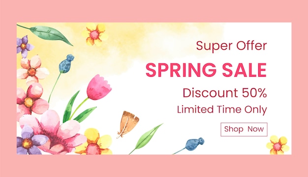 Vector gratuito plantilla de banner de venta horizontal de primavera floral acuarela