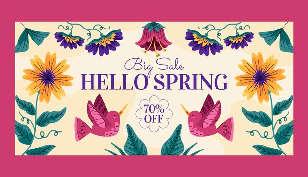 Plantilla de banner de venta horizontal de primavera floral plana