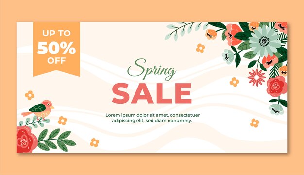 Plantilla de banner de venta horizontal de primavera plana