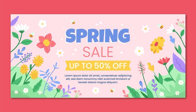 Plantilla de banner de venta horizontal de primavera plana