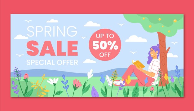Plantilla de banner de venta horizontal de primavera plana