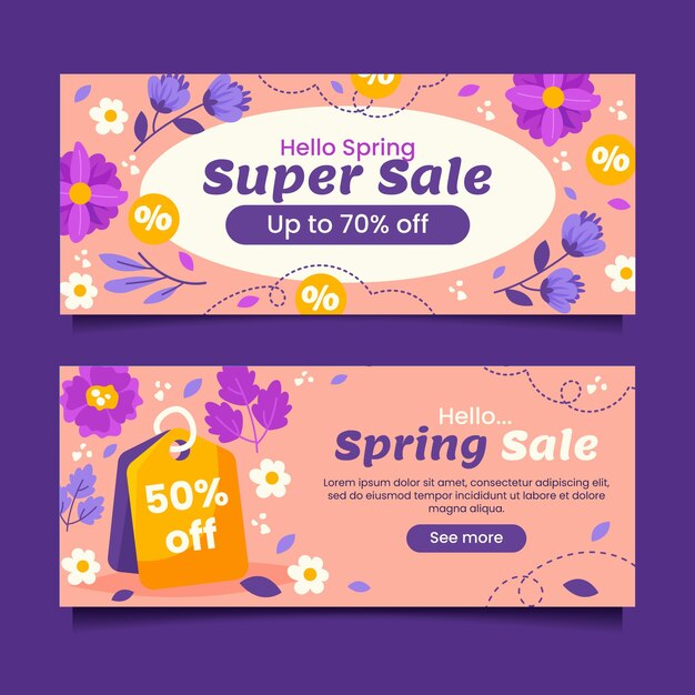 Plantilla de banner de venta horizontal de primavera plana