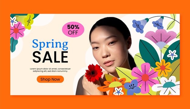 Plantilla de banner de venta horizontal de la primavera en tiempo plano.