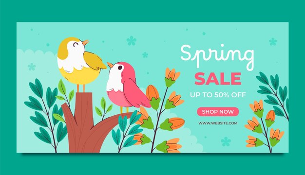 Plantilla de banner de venta horizontal de la primavera en tiempo plano.
