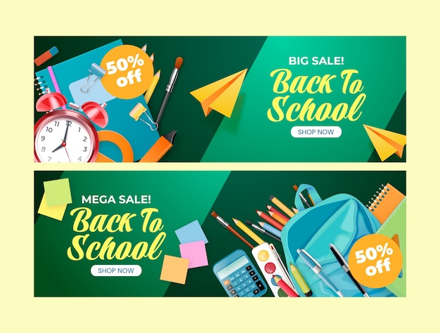 Vector gratuito plantilla de banner de venta horizontal realista para la temporada de regreso a la escuela