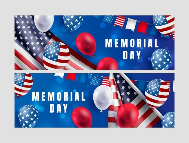 Plantilla de banner de venta horizontal realista para las vacaciones del día conmemorativo de estados unidos