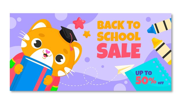Plantilla de banner de venta horizontal de regreso a la escuela plana