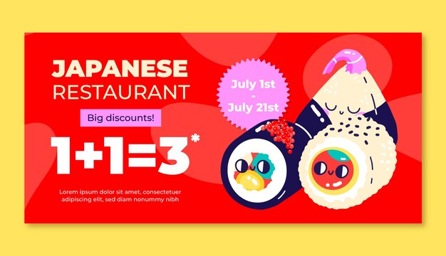 Plantilla de banner de venta horizontal de restaurante japonés plano