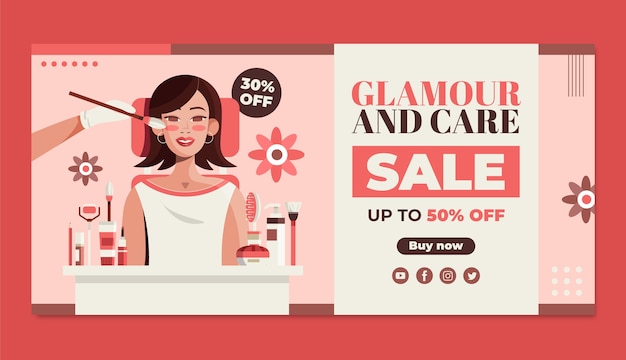 Vector gratuito plantilla de banner de venta horizontal de salón de belleza plano